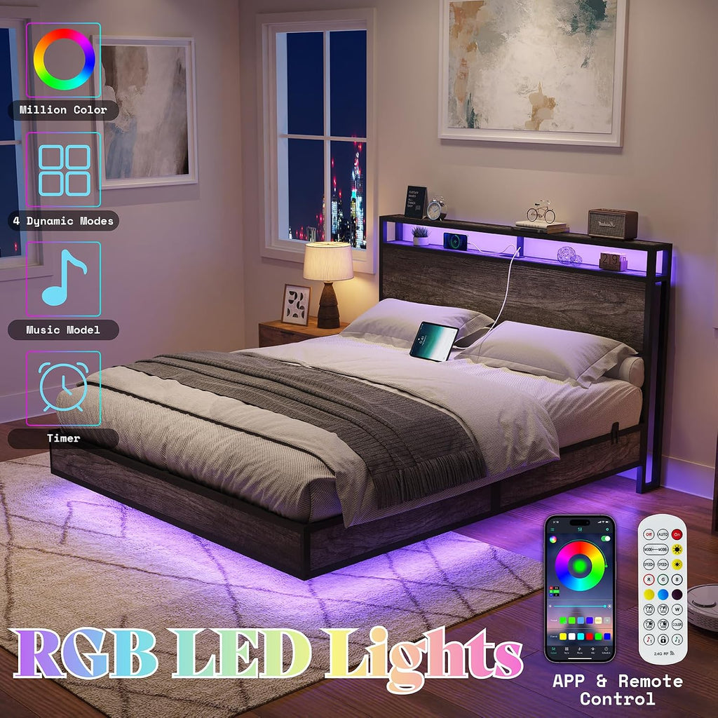 AMERLIFE Full Size Floating Bed Frame with 2-Tier Storage Headboard, Metal Bed Frame with Charging Station & LED Lights, No Box Spring Needed, Rustic Grey