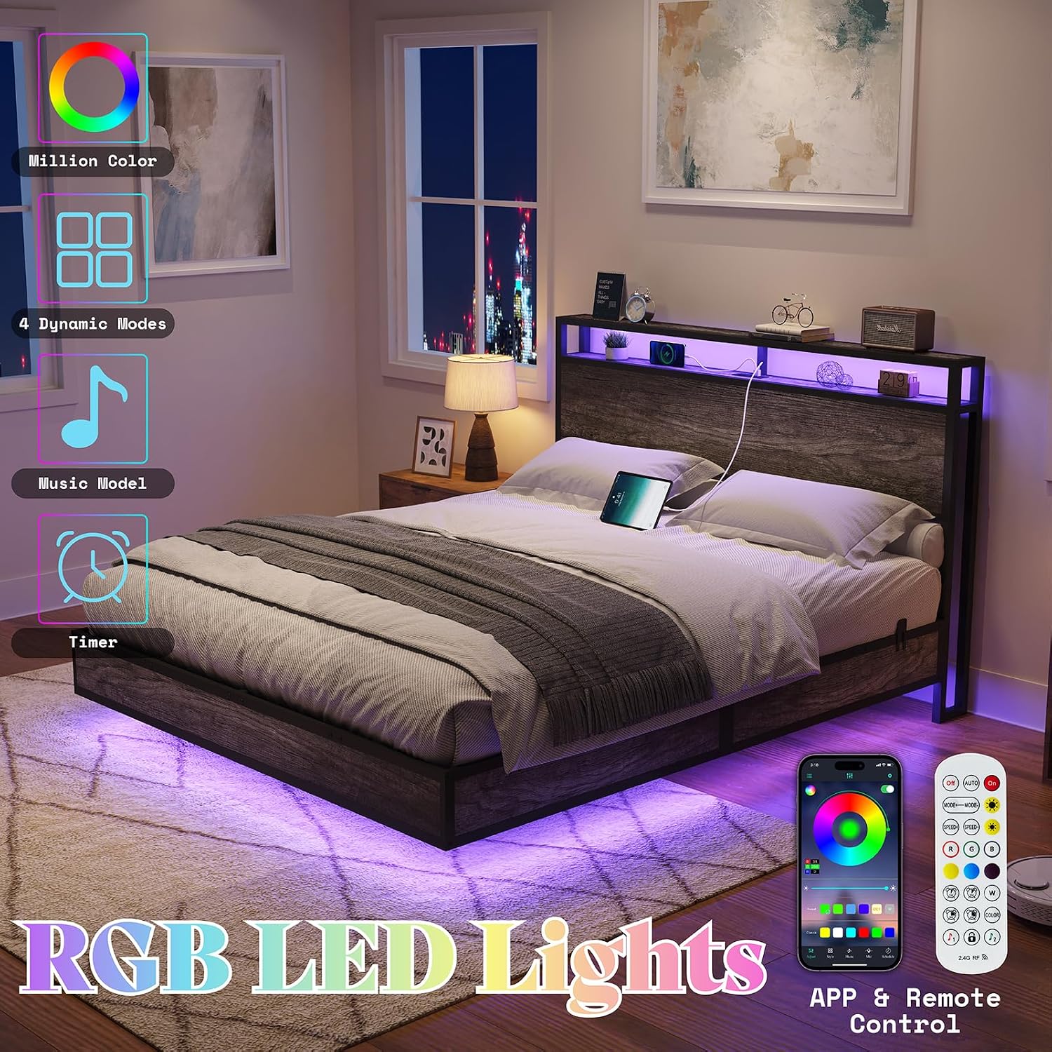 AMERLIFE Full Size Floating Bed Frame with 2-Tier Storage Headboard, Metal Bed Frame with Charging Station & LED Lights, No Box Spring Needed, Rustic Grey