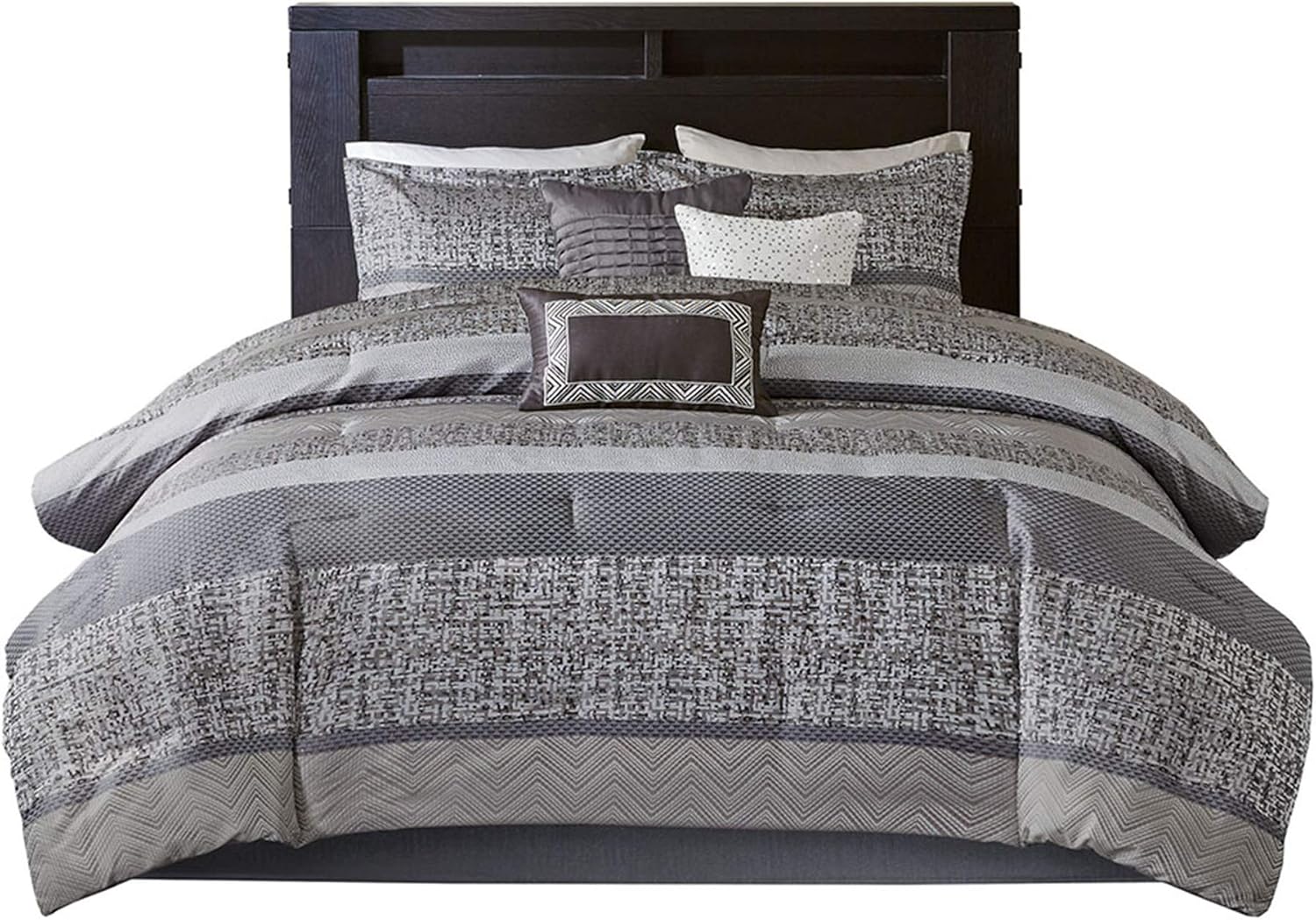 Madison Park Luxury Comforter Set-Traditional Jacquard Design All Season Down Alternative Bedding, Matching Bedskirt, Decorative Pillows, Queen(90'x90'), Rhapsody, Striped Grey/Taupe 7 Piece