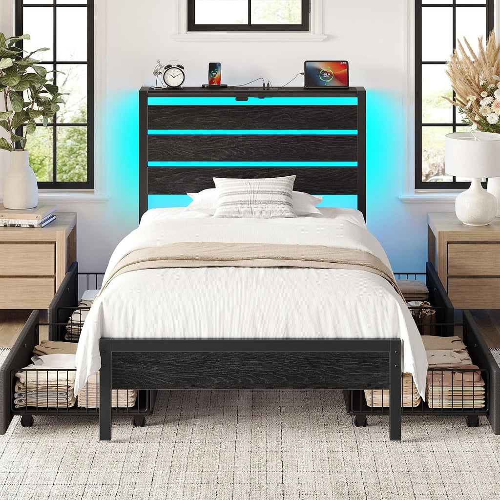 Rolanstar Twin Bed Frame with 4 Drawers, LED Lights and Charging Station, Metal Platform Bed with Storage Headboard, Noise Free, Easy Assembly, No Box Spring Needed, Black