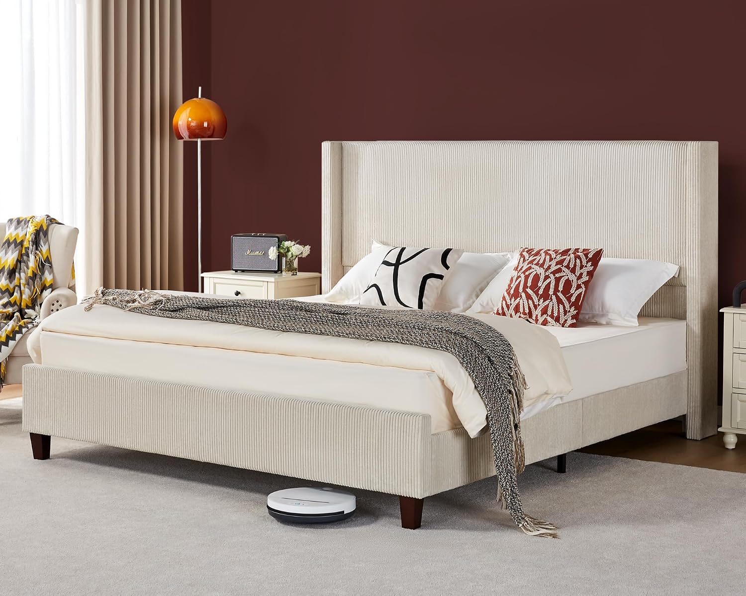 VanAcc Queen Size Platform Bed Frame, 50.8' Corduroy Upholstered Bed with Vertical Channel Tufted Headboard/Wooden Slats/Wingback/No Box Spring Required/Beige