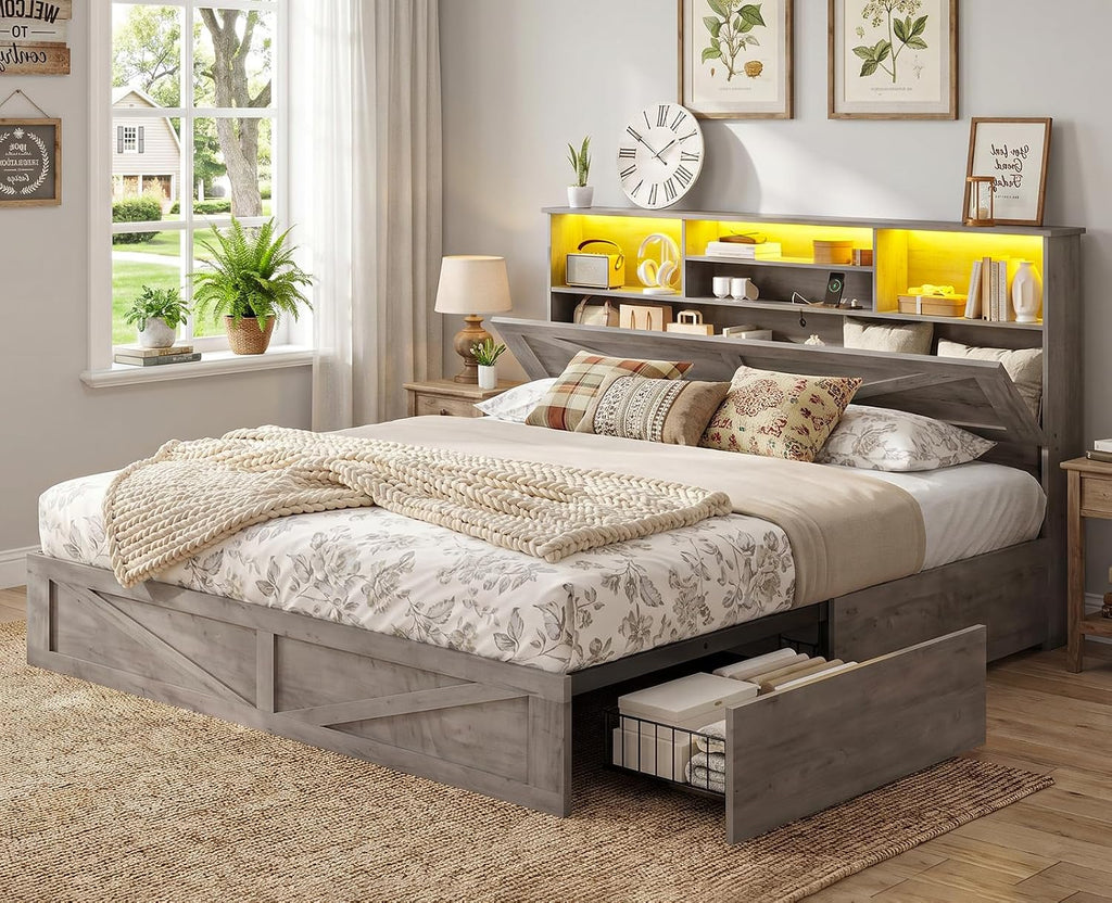 AOGLLATI Farmhouse Queen Bed Frame with 4 Storage Drawers and Led Lights, Wooden Bed Frame Queen Size with Hidden Space Bookcase Headboard and Led Lights & Metal Slats, Grey