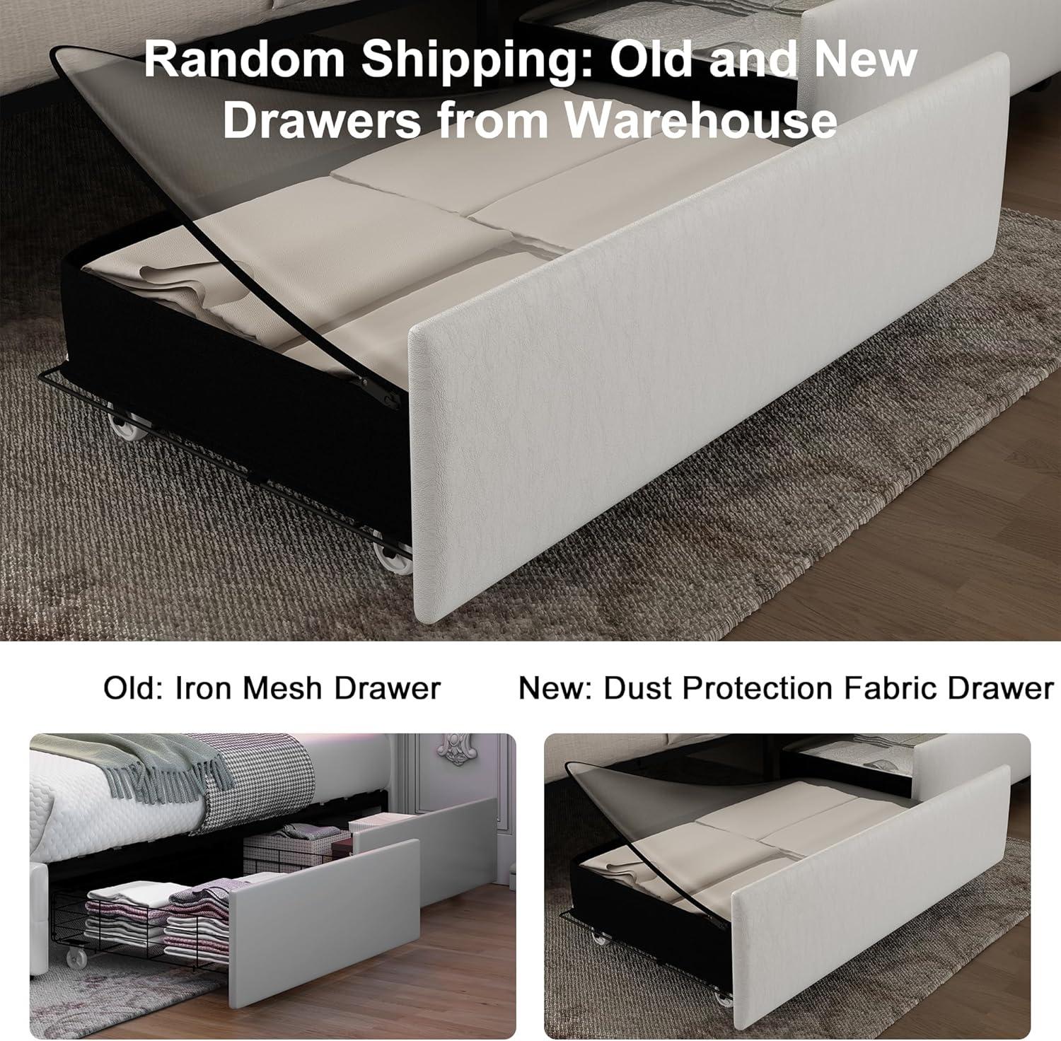 GEGOFORU Queen Led Bed Frame with 4 Drawers Projector Galaxy Light, Wingback Upholstered Headboard, Diamond Charger Music Speaker, No Box Spring Needed & Noise-Reduction, Wooden Slats, PU White