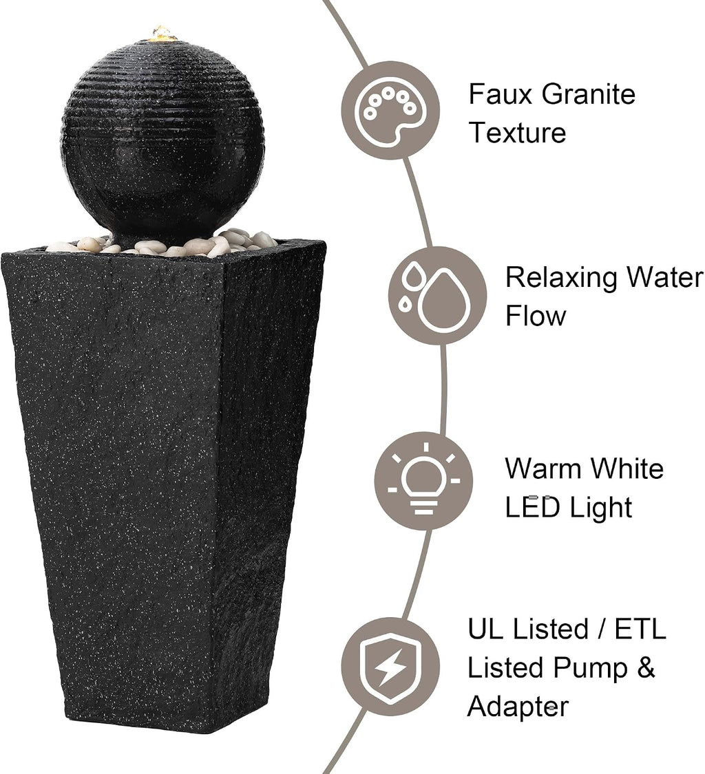 Glitzhome Outdoor Water Fountain with LED Light & Pump, Black Pedestal Sphere Fountain Decorative Water Fountains, Modern Waterfall Floor Fountain with Pebbles for Garden Patio Decor Porch, 31.75'H