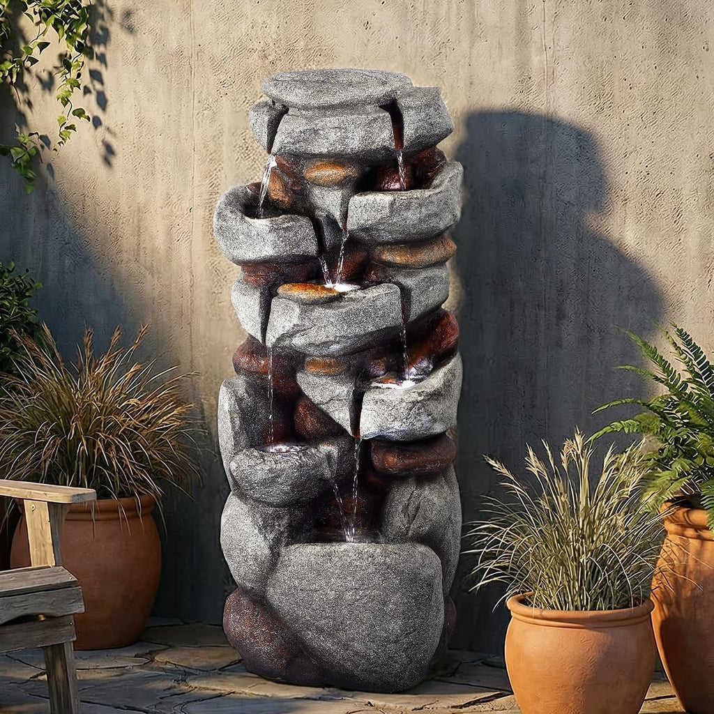 40' H Outdoor Water Fountain, Cascading Rock Waterfall Fountain with 6 White LED Lights, 7-Tiers Large Water Feature for Outdoor, Garden Water Fountain for Patio, Yark, Deck, Porch, Home Decor