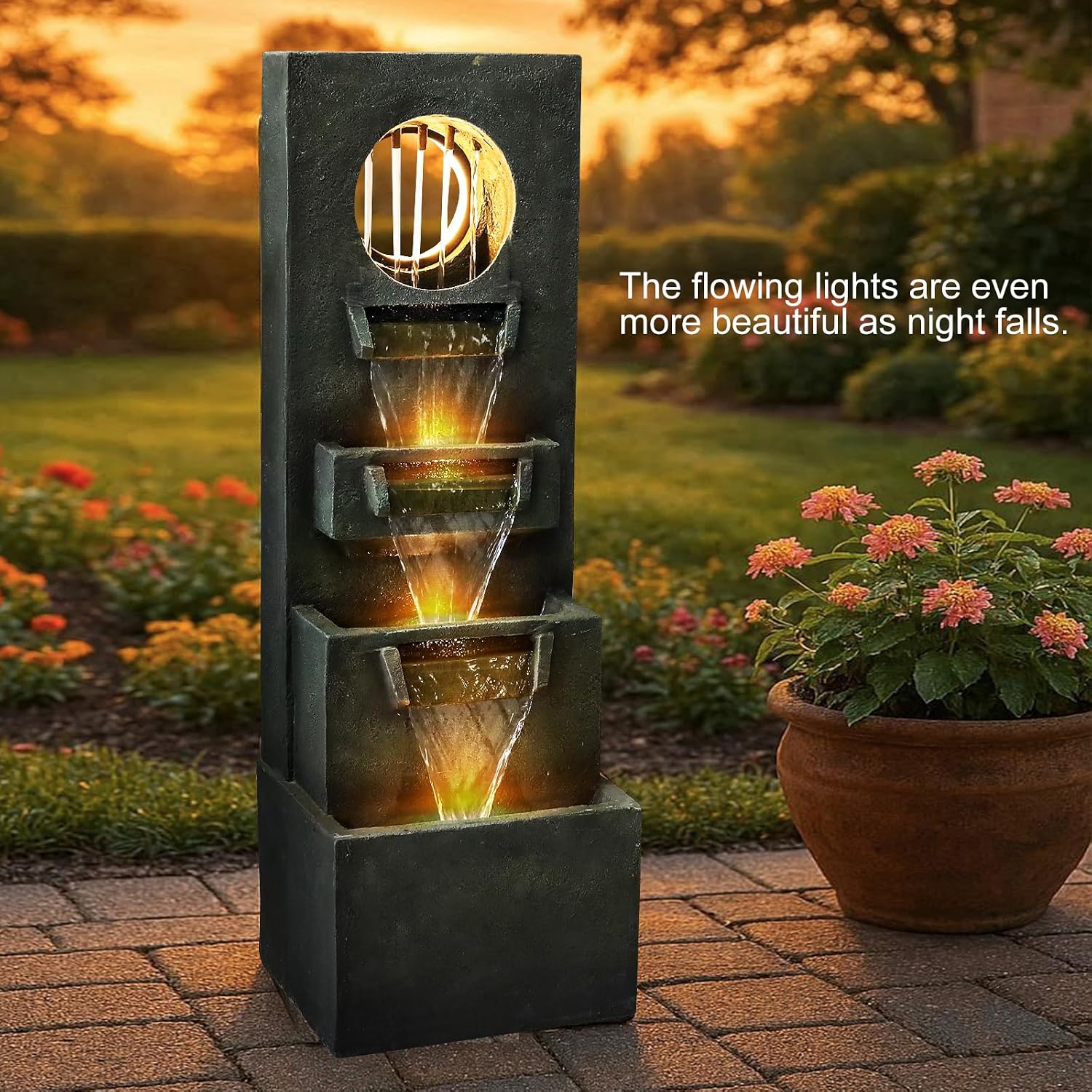 Naturefalls 39.3' H Modern Outdoor Fountain - 4-Tiered Outdoor Garden Fountains with Contemporary Design&LED Light for Garden, Patio, Deck, Porch, Backyard and Home Art Decor