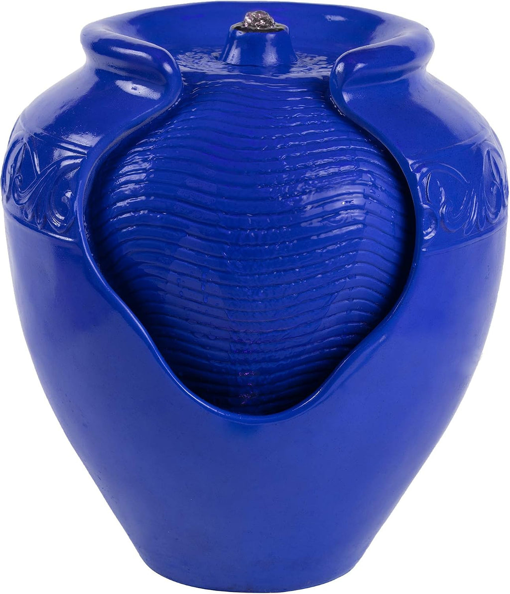 Jar Water Fountain – Indoor or Outdoor Ceramic-Look Glazed Pot Resin Water Feature with Electric Pump and LED Lights by Pure Garden (Cobalt Blue)