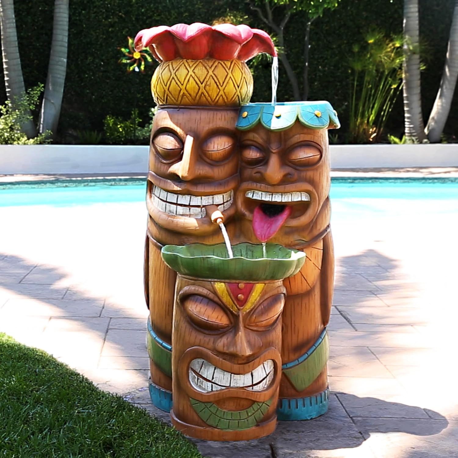 Alpine Corporation - 3-Tiered Colorful Tiki Head Water Fountain, Indoor/Outdoor Tropical Waterfall with LED Lights, for Garden, Patio, Yard, 35' H