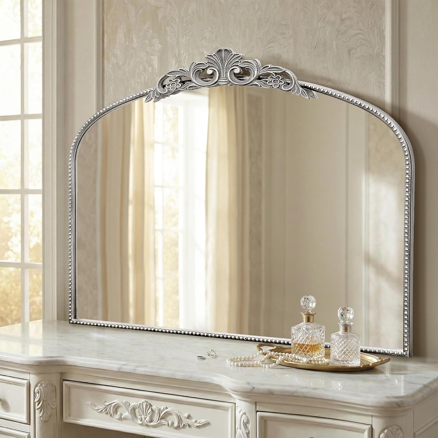 Micasso Large Vintage Silver Mirror: 40'x29' French Baroque Antique Arched Mirror - Traditional Ornate Decorative for Wall/Fireplace/Mantel/Entryway/Bathroom/Hallway - Home Decor for Living Room