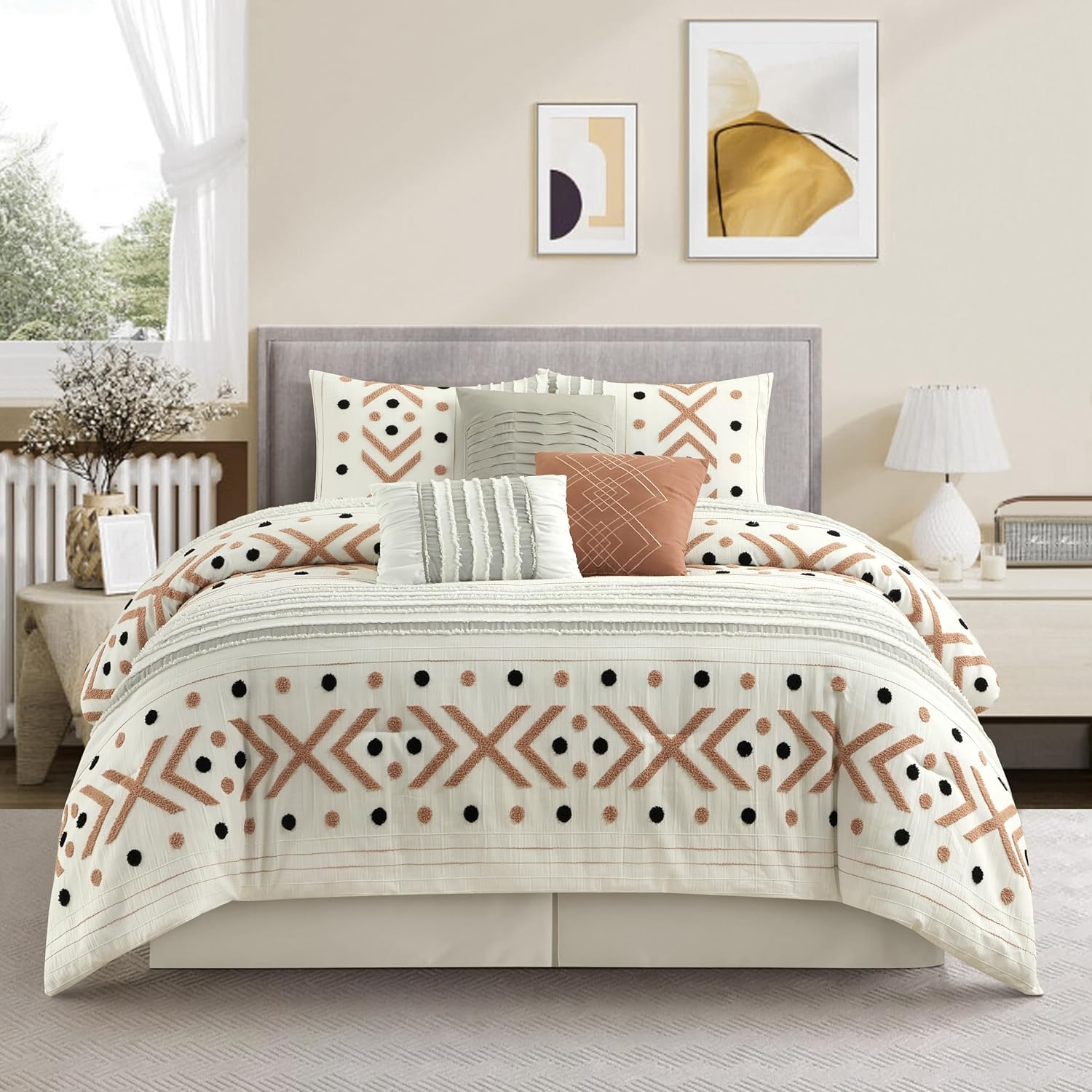 Stratford Park Taupe Terry Embroidery Comforter Set California King Size, 7 Piece Geometric Bedding Set, All Season Home Decor, Matching Pillow Shams, Bedskirt, Decorative Pillows