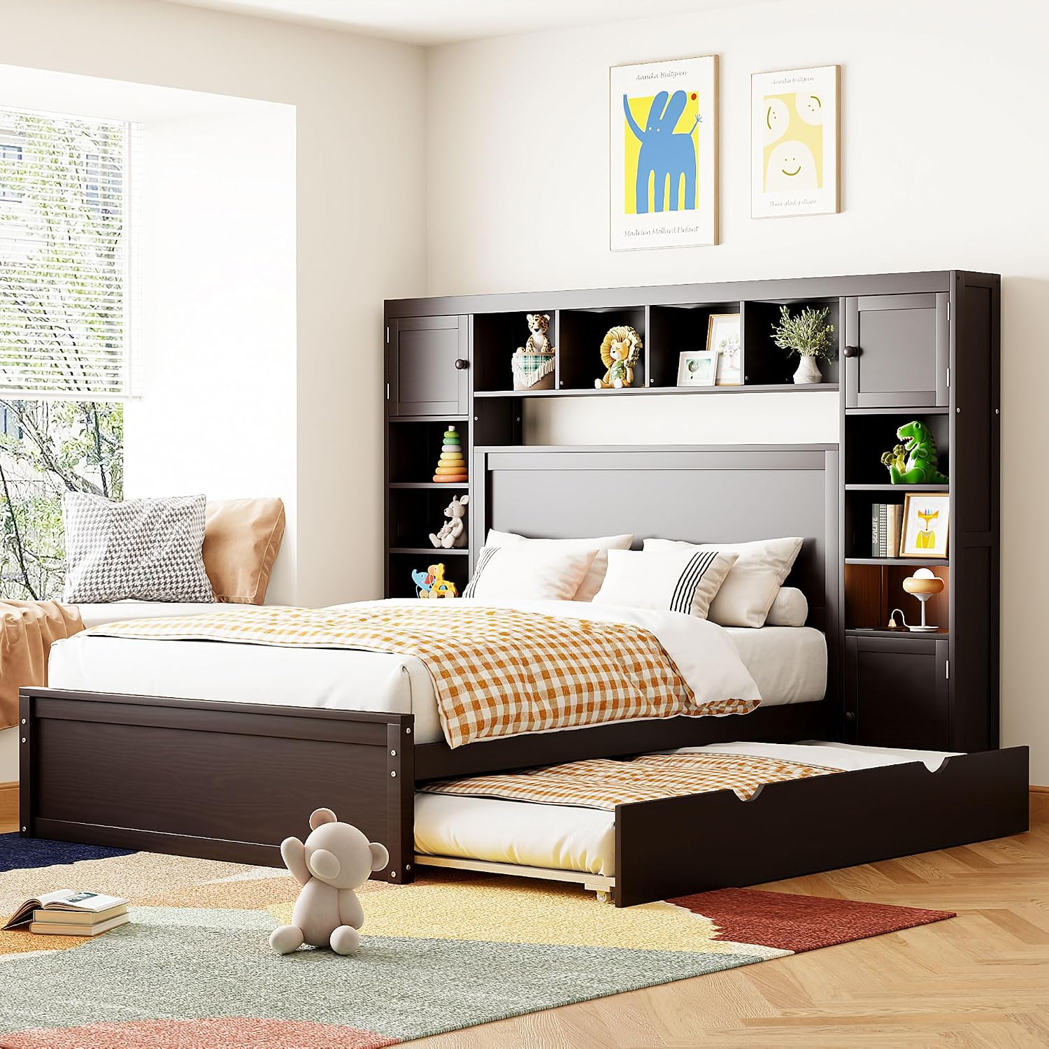 Harper & Bright Designs Full Platform Bed with All-in-One Cabinet, Shelf and Sockets Wood Full Size Beds with Trundle & 2 Drawers, Full Bed Frame for Bed Room, No Box Spring Needed,Espresso