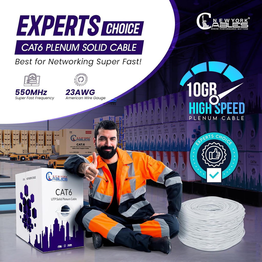 Newyork Cables | CAT6 Plenum Cable 1000ft | 23AWG, UTP 4Pairs, 550MHz 10Gbps Most Certified (CMP) Rated | Fire-Resistant Jacket | Bulk Cat 6 Ethernet Cable for Networking (Solid Conductor, White)