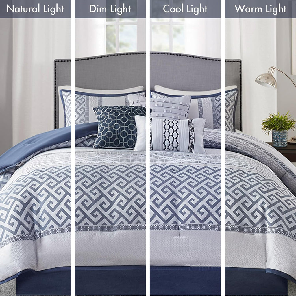 Madison Park Luxury Comforter Set-Traditional Jacquard Design All Season Down Alternative Bedding, Matching Bedskirt, Decorative Pillows, Queen (90'x90'), Bennett, Geometric Navy 7 Piece