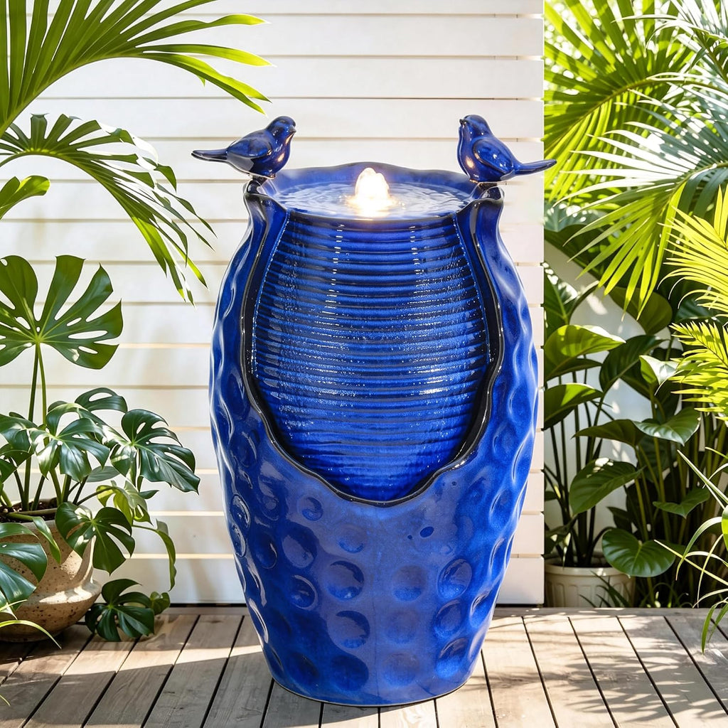 23.5' H Ceramic Jar Outdoor Fountain, Honeycomb Pot Water Feature with LED Lights, Soothing Trickling Waterfall for Garden, Patio, Yard Oasis, KD Vivid Bird Accents, Cobalt Blue Glaze,