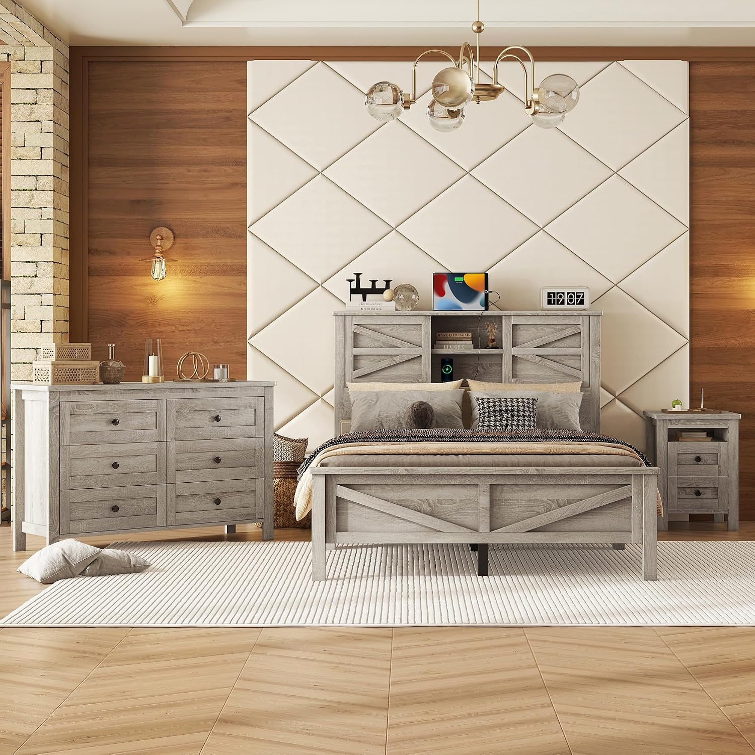 Merax 3-Pieces Bedroom Sets, Farmhouse Platform Bed, Storage Nightstand and Dresser, Bedframe with Double Sliding Door Storage Headboard and Charging Station, Antique Gray, Full Size