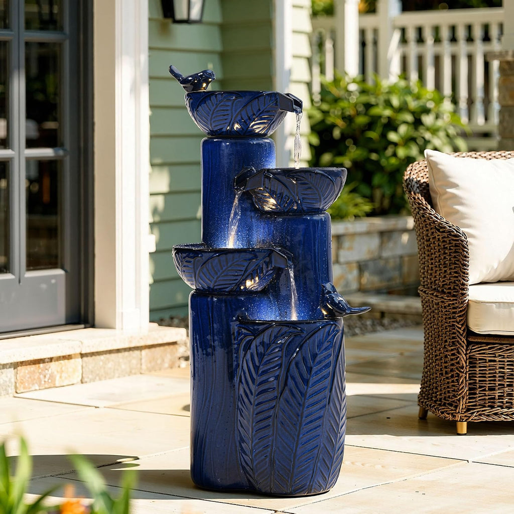 33' H Ceramic Outdoor Water Fountain with LED Lights, 4-Tier Bowl Water Feature with Birds, Cobalt Blue Glaze, Embossed Leaf Pattern, Cascading Waterfall for Tranquil Garden, Patio, or Porch