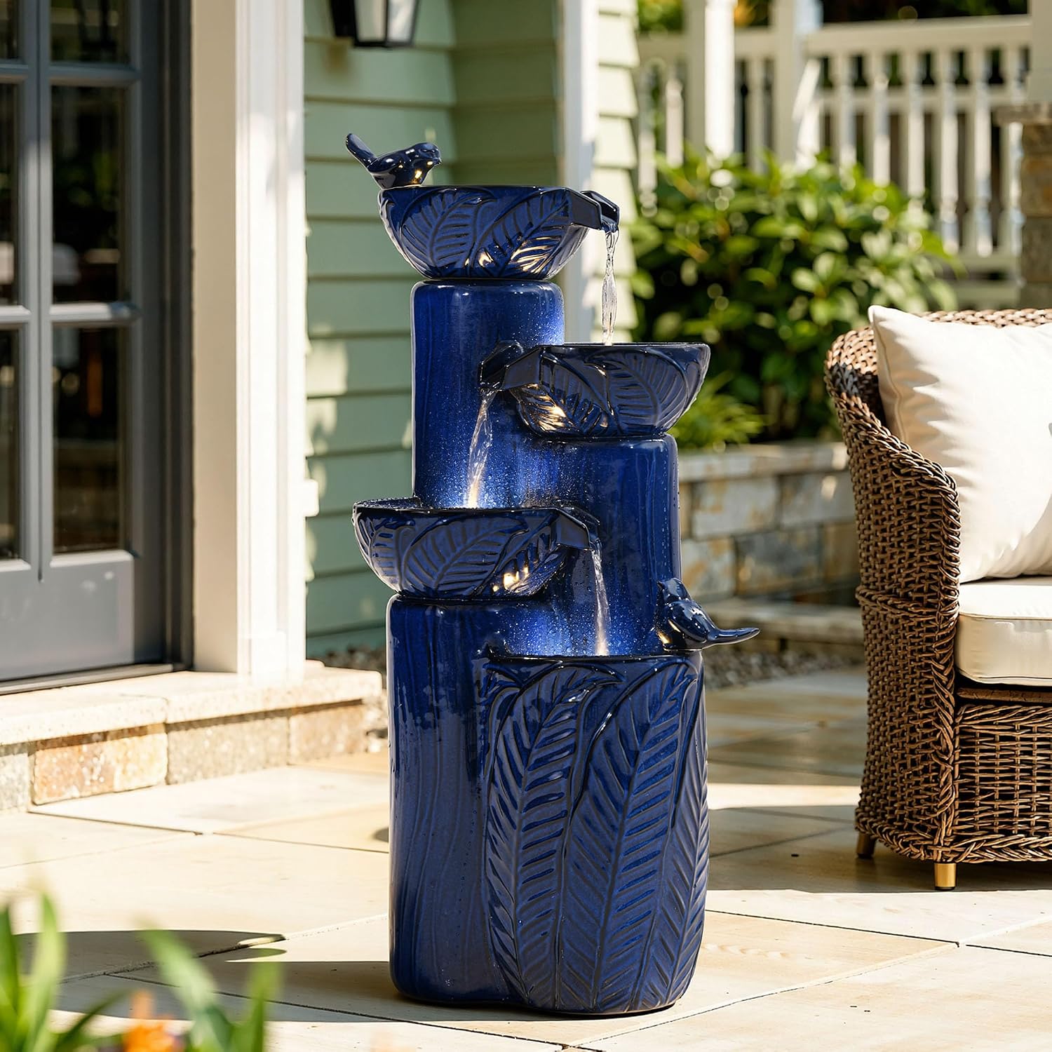 33' H Ceramic Outdoor Water Fountain with LED Lights, 4-Tier Bowl Water Feature with Birds, Cobalt Blue Glaze, Embossed Leaf Pattern, Cascading Waterfall for Tranquil Garden, Patio, or Porch