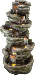 Alpine Corporation WIN1146 Outdoor Floor Cascading 8 Tiered Rock Garden Water Fountain with LED Lights, 58', Gray