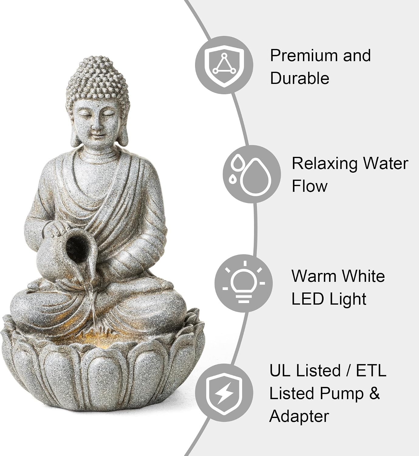 Glitzhome Buddha Fountain Outdoor 20.5' H, 2-Tier Zen Style Concrete Meditating Buddha Statues Water Fountains with Pump & LED Light, Buddhas Floor Fountains Sculpture for Garden Patio Backyard