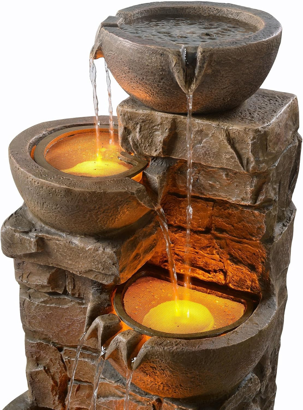 Teamson Home 33.27' Cascading Bowls & Stacked Stones LED Water Fountain for Outdoor Living Spaces, Brown