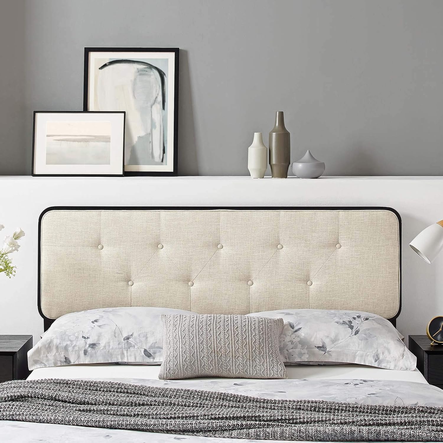Modway MOD-6233-BLK-BEI Collins Tufted Full Fabric and Wood Headboard, Black Beige