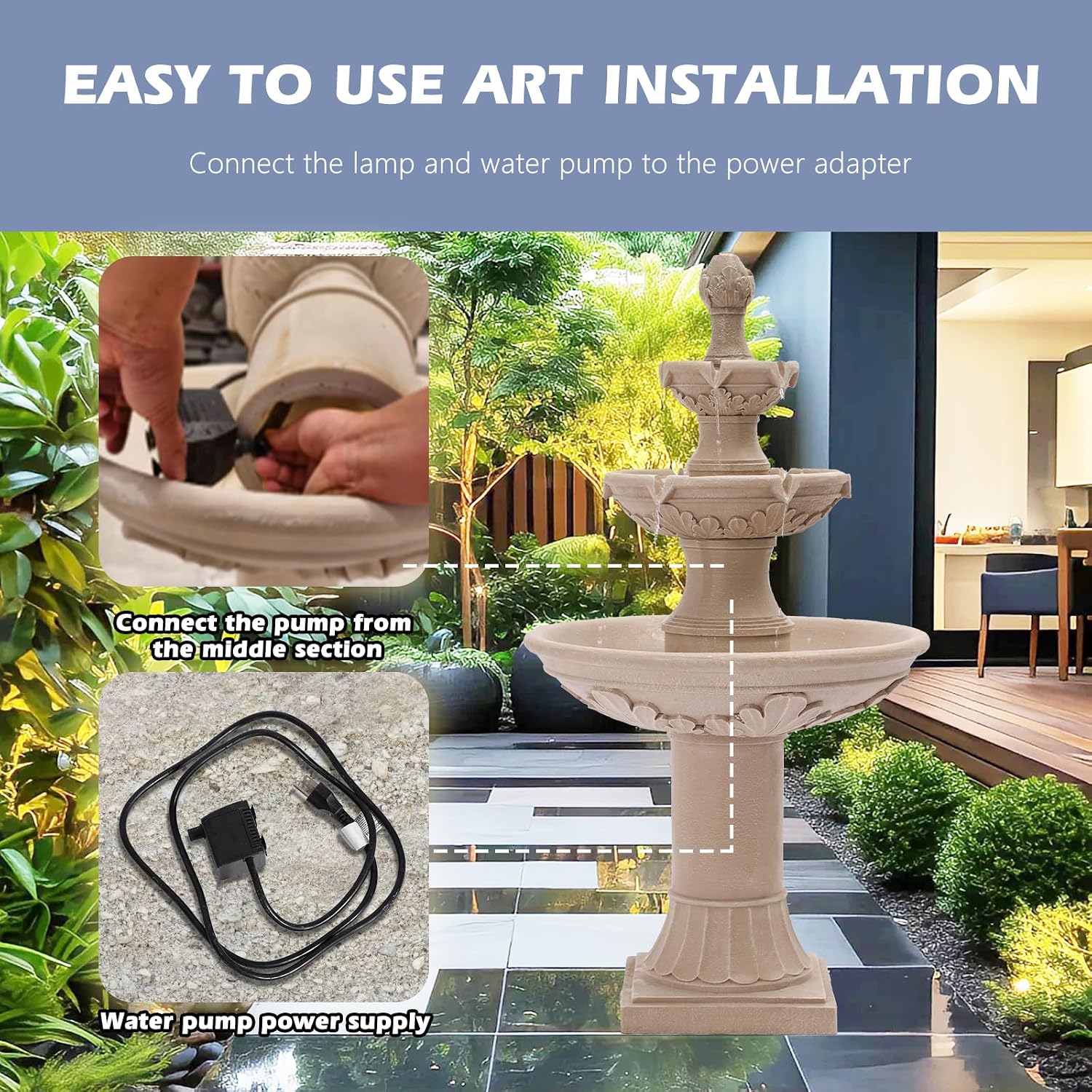 Grepatio Italian Outdoor Water Fountain, 48.4' H Bubbler Garden Waterfalls Fountains, 3 Tiered Roman Pillar Floor Water Fountain for Indoor, Yard, Lawn and Garden Décor