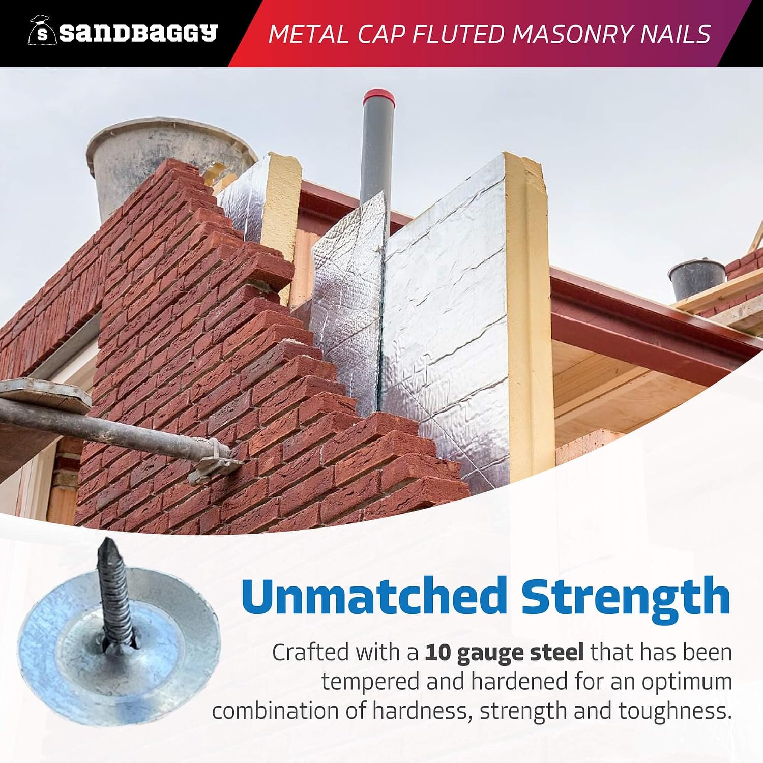Sandbaggy 1' Metal Cap Fluted Masonry Nails - Electro Galvanized Steel (appx. 75 nails/lb) - Cement, Brick, Concrete Nails (25, Pounds)