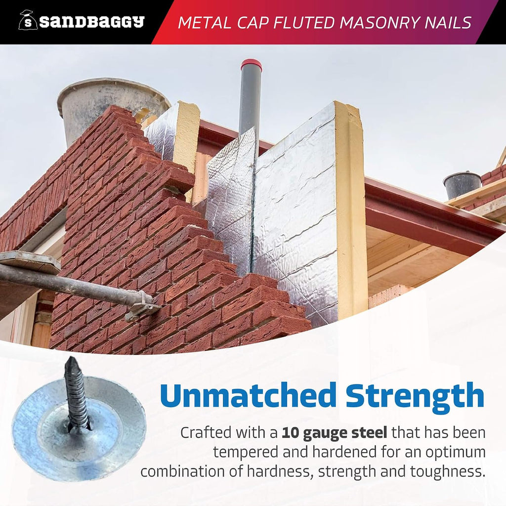 Sandbaggy 1' Metal Cap Fluted Masonry Nails - Electro Galvanized Steel (appx. 75 nails/lb) - Cement, Brick, Concrete Nails (100, Pounds)