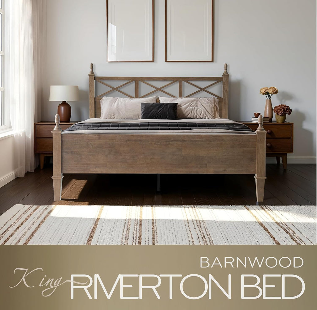 King Size Solid Wood Bed Frame, Platform Bed with Headboard & Footboard, 12 Heavy-Duty Slatted Base with Metal Legs, No Box Spring Needed, Noise-Free & Anti-Slip, Easy Assembly, Barnwood Finish RIK-30