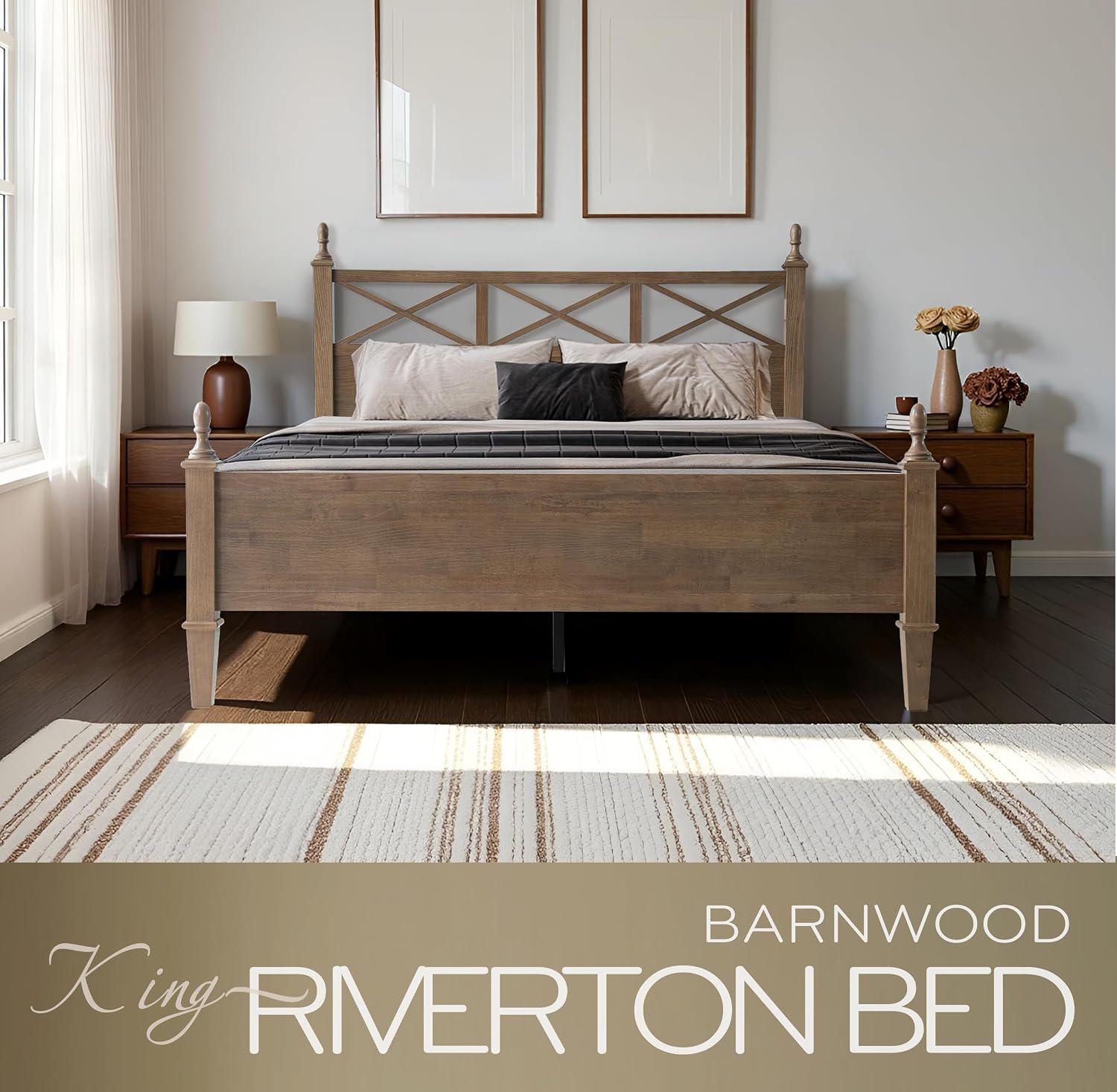 King Size Solid Wood Bed Frame, Platform Bed with Headboard & Footboard, 12 Heavy-Duty Slatted Base with Metal Legs, No Box Spring Needed, Noise-Free & Anti-Slip, Easy Assembly, Barnwood Finish RIK-30