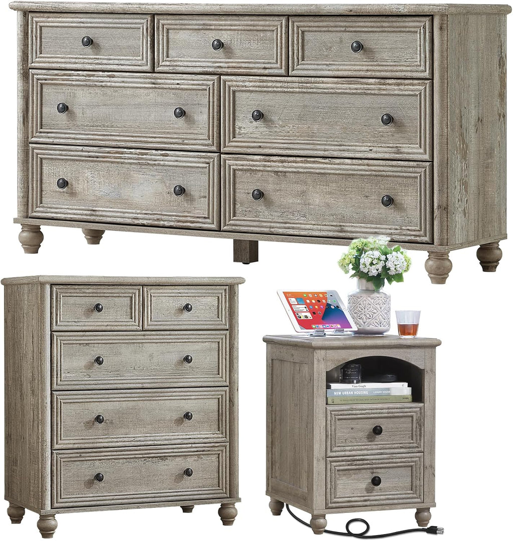 Farmhouse Dressers & Night Stand Set of 3, Wood 54' Wide 7 Drawer Dresser & 35.5'Tall Chest of Drawers, 18' with Charging Station Nightstand, Bedroom Furniture Dresser Set for Home Living Room Hallway