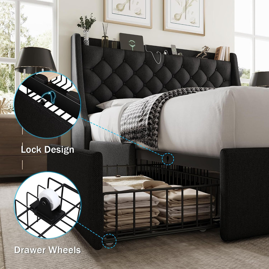 GalnFu Full Size Bed Frame with 4 Storage Drawers, Giant Upholstered Wingback Headboard, Fast Charging Station, No Box Spring Needed, Noise-Free, Black