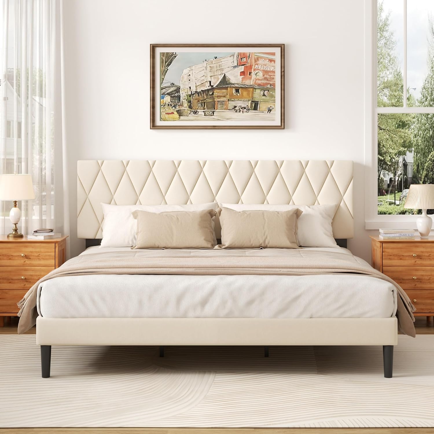 CXVX King Size Bed Frame with Diamond Tufted Headboard, Velvet Upholstered Platform Bed and Wooden Slat Support, Noise-Free, No Box Spring Needed, Easy Assembly, Beige