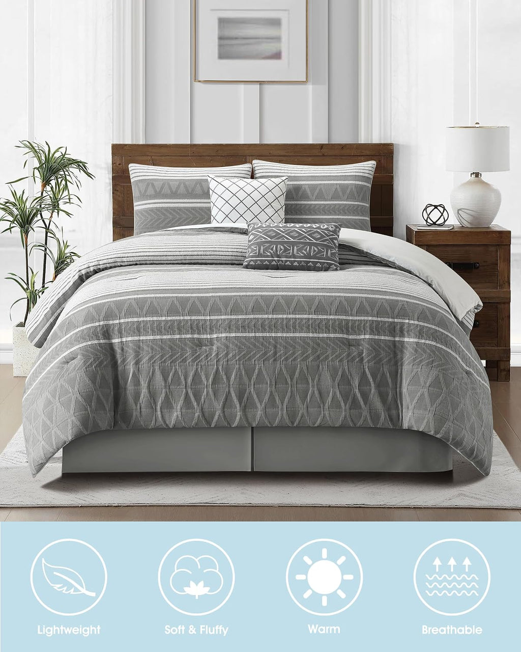 LANCO MODERN LIFESTYLE Cotton Comforter Set Queen, Gorgeous Geometric Jacquard, Grey Soft Lightweight Bedding Set for All Seasons, 6 Pieces with Bedskirt, Pillow Shams and Decor Pillows