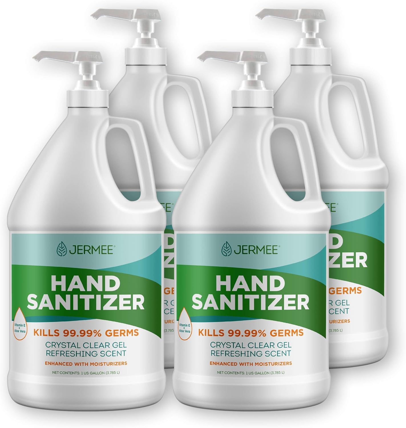 JERMEE Moisturizing Hand Sanitizer Gel, 70% Alcohol - Kills 99.99% Germs, Enhanced with Vitamin E and Aloe Vera - Crystal Clear Gel, Refreshing Scent, Made in USA - 1 Gallon 4 Pack