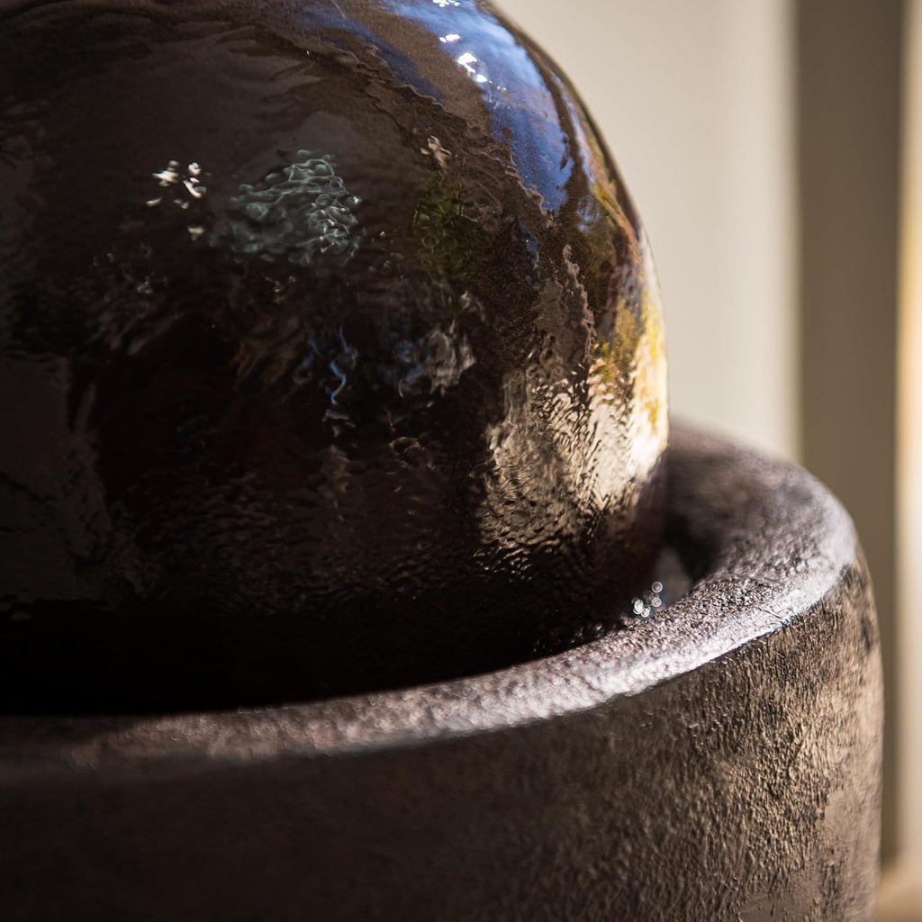 XBrand 25.98' H Black Round Stone Indoor/Outdoor Modern Sphere Water Fountain with LED Lights – Ball Bubbling Fountain Décor for Garden, Patio, or Tabletop