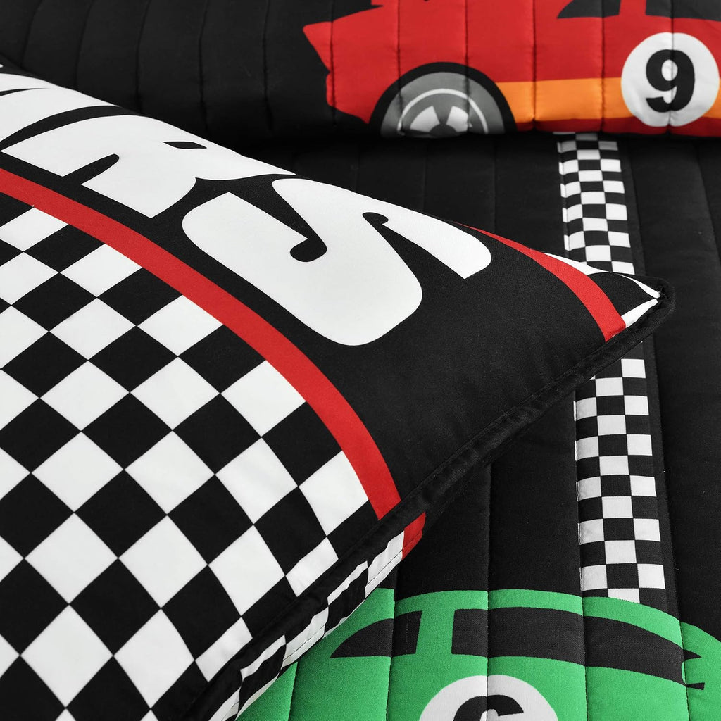 Lush Decor Racing Cars Reversible Quilt Queen Size 5 Piece Set Full/Queen Black & Multi - Kids Bedding Set Queen Quilt - Car Decor