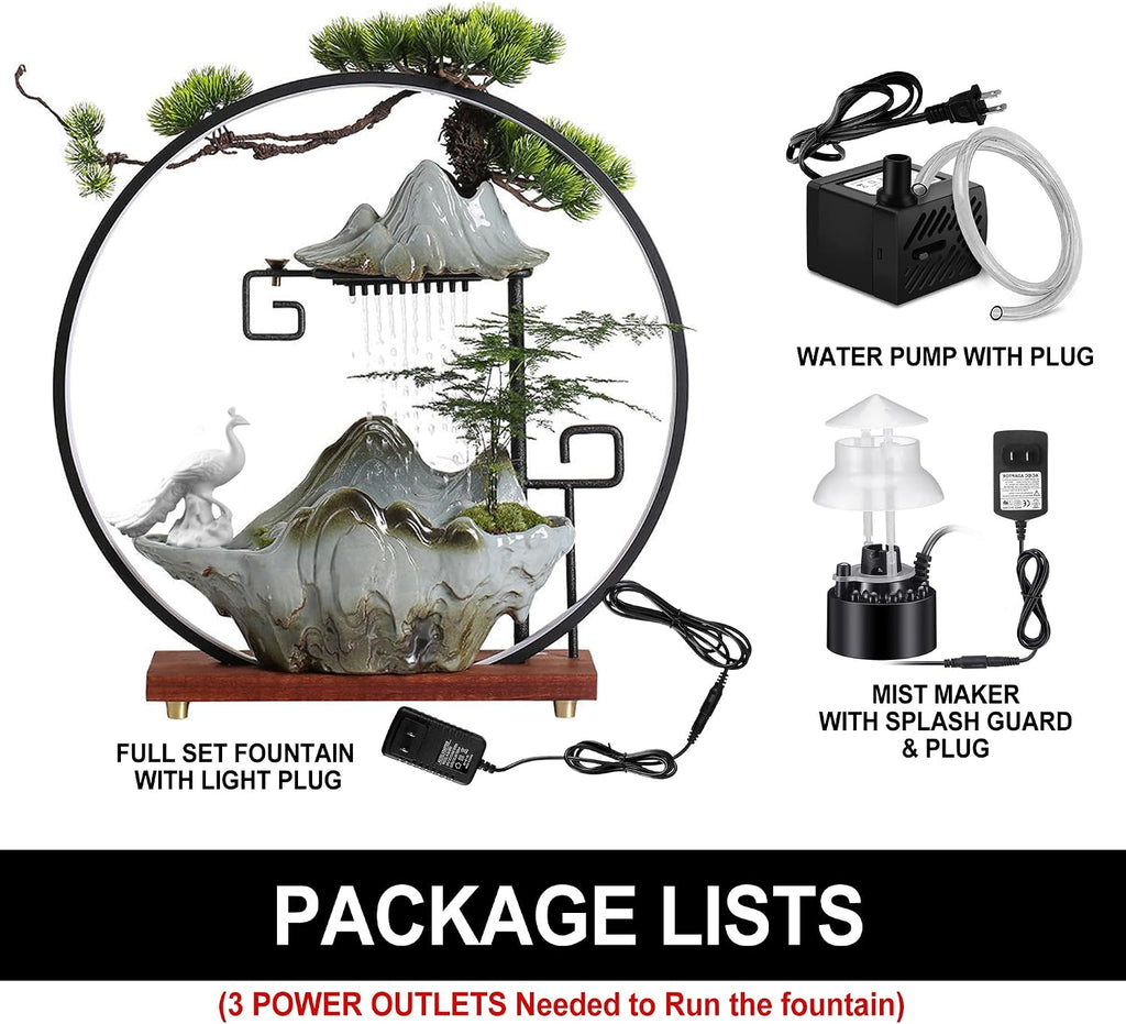 Peacock Tabletop Indoor Waterfall Fountain with Light - Backflow Incense Burner, Ceramic Zen Decor for Home Office Yoga Meditation