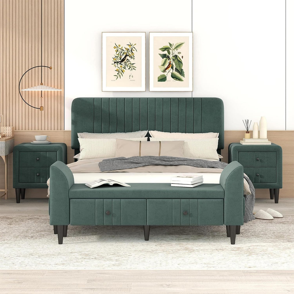 4-Pieces Bedroom Sets Queen Size Upholstered Platform Bed with Two Nightstands and Storage Bench-Green