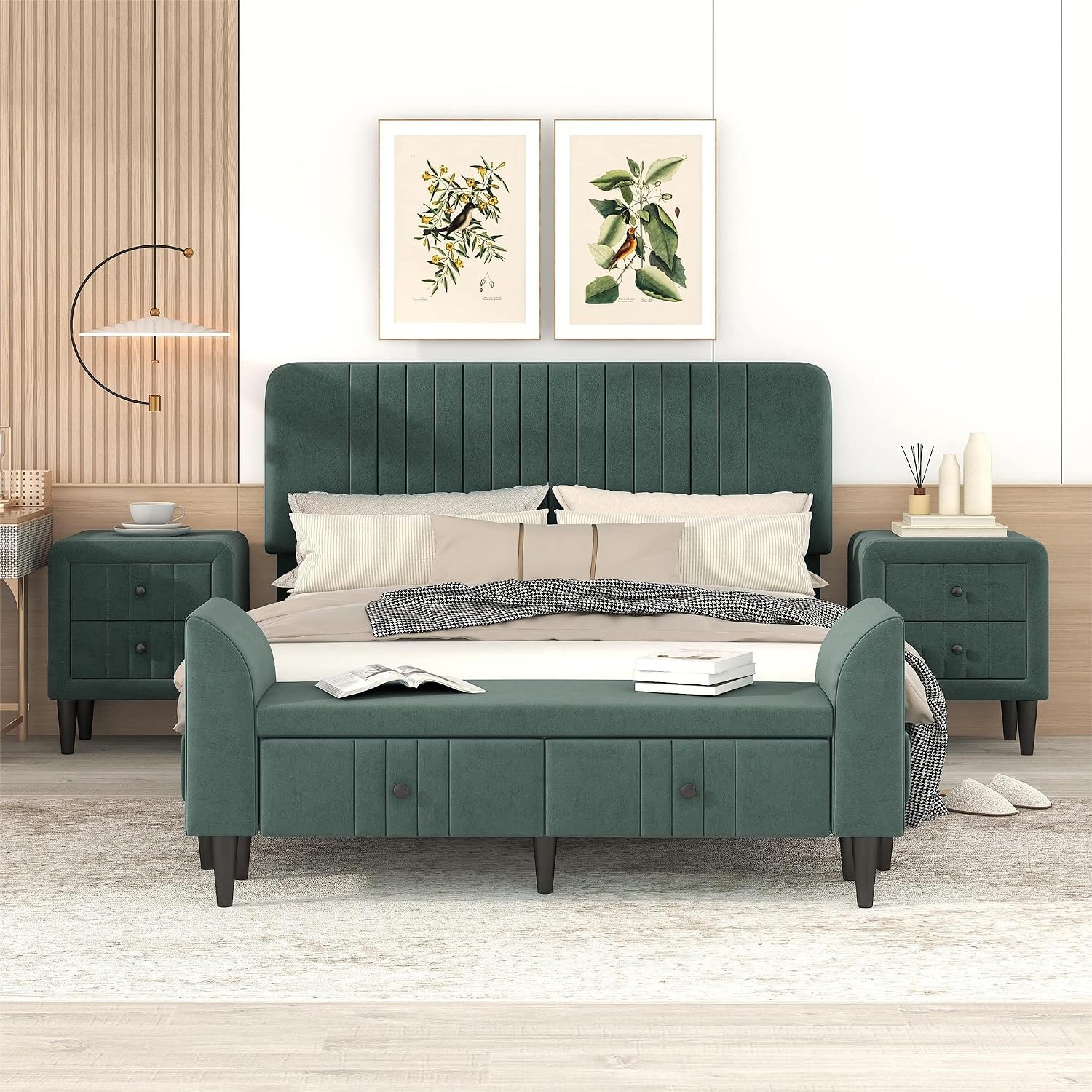 4-Pieces Bedroom Sets Queen Size Upholstered Platform Bed with Two Nightstands and Storage Bench-Green