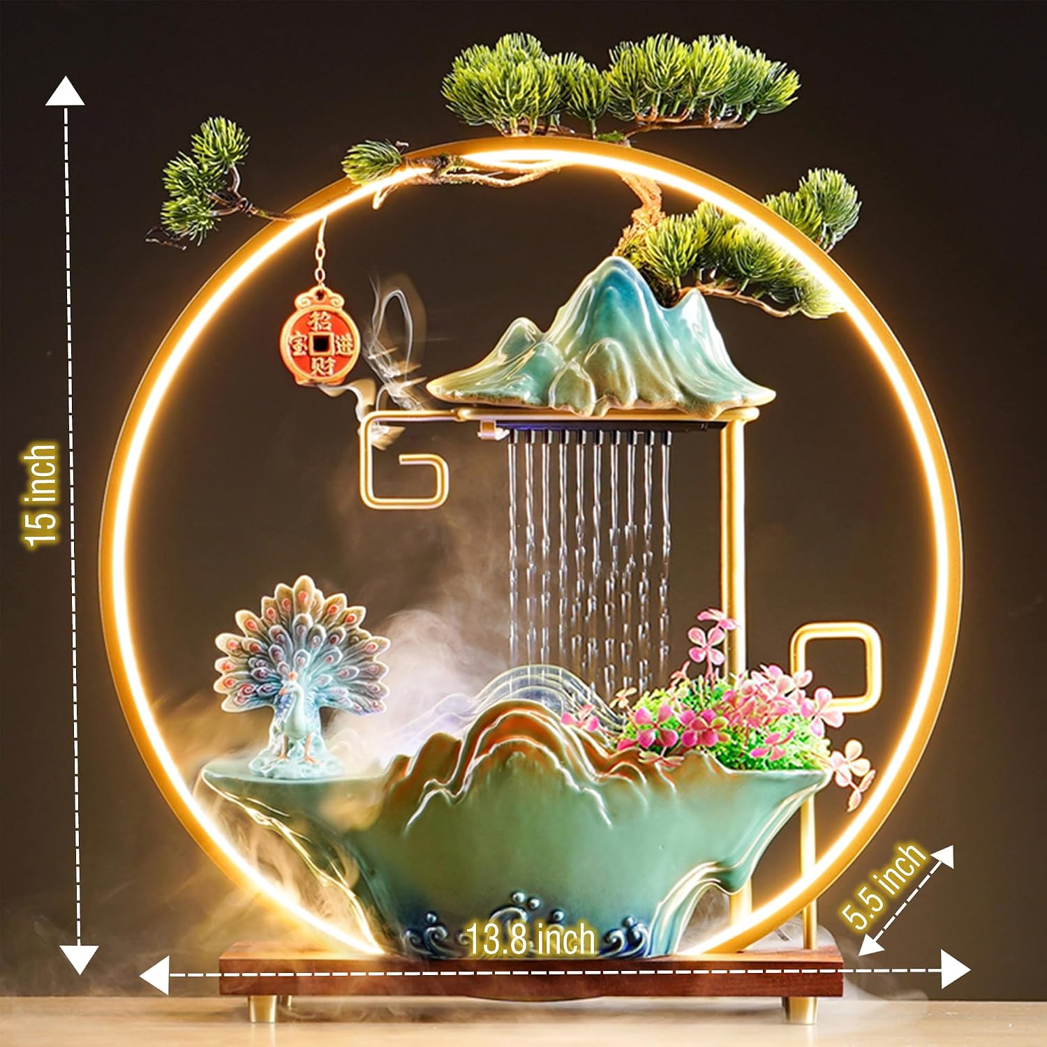 Tabletop Water Fountains Indoor Waterfall Desktop Fountain for Meditation with Mist Japanese Fountain with Fake Plants Feng Shui Office Home Decor for Good Luck Wealth (Peacock)