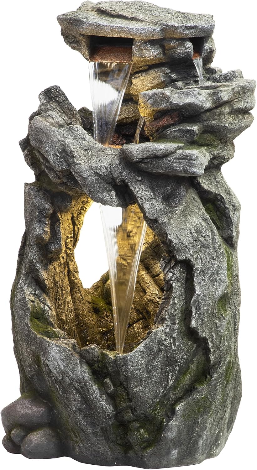 Alpine Corporation 41' Tall Outdoor Cascading Rainforest Rock Waterfall Floor Fountain with LED for Gardens, Patios, and Yards, Brown