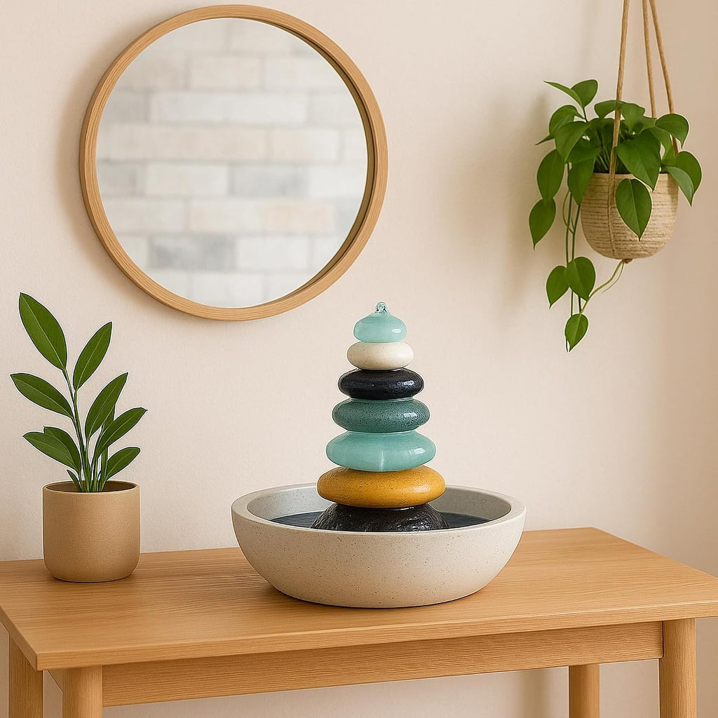 Natural Septuple Rock Cairn Water Fountain with Glass - Indoor Tabletop Water Fountain - Natural Stone & Recycled Glass Water Feature for Home and Office Decor