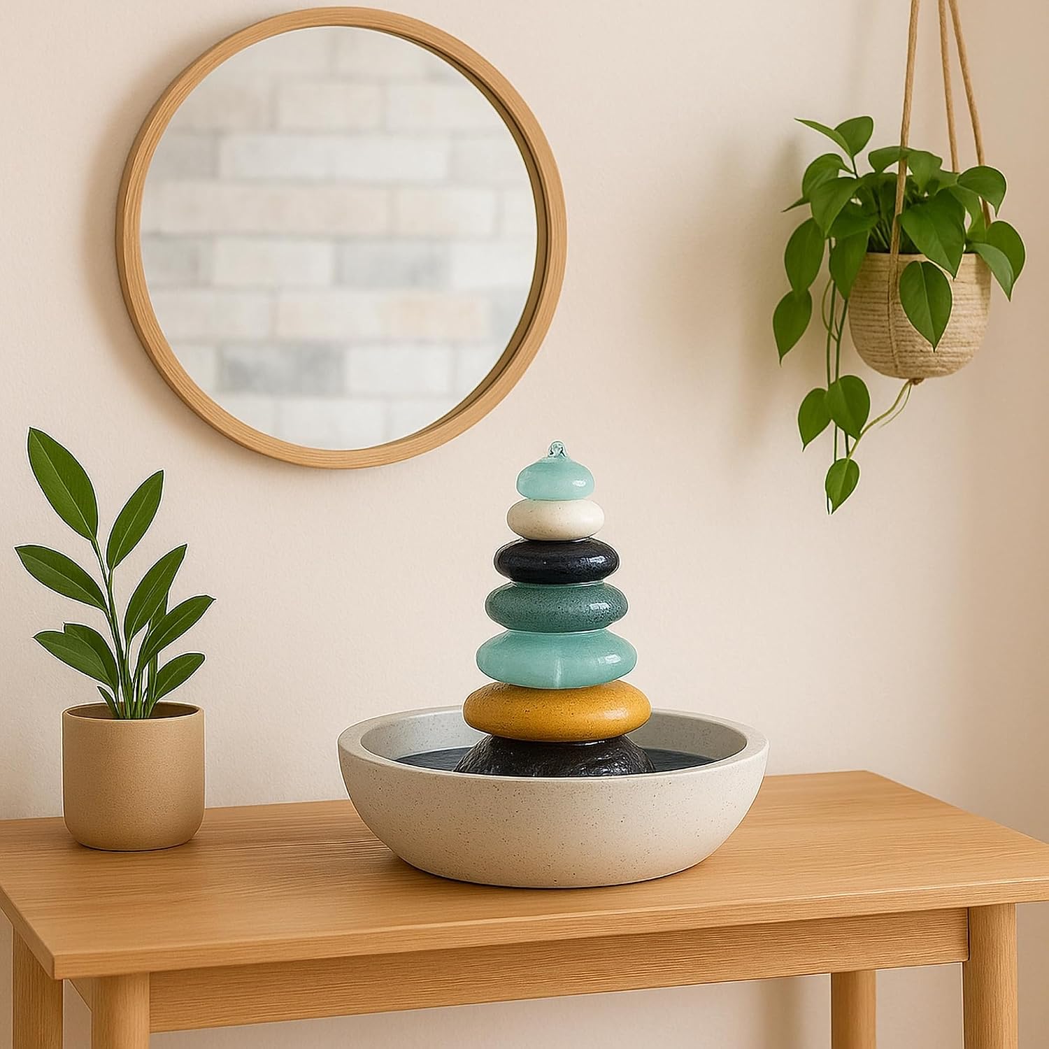 Natural Septuple Rock Cairn Water Fountain with Glass - Indoor Tabletop Water Fountain - Natural Stone & Recycled Glass Water Feature for Home and Office Decor
