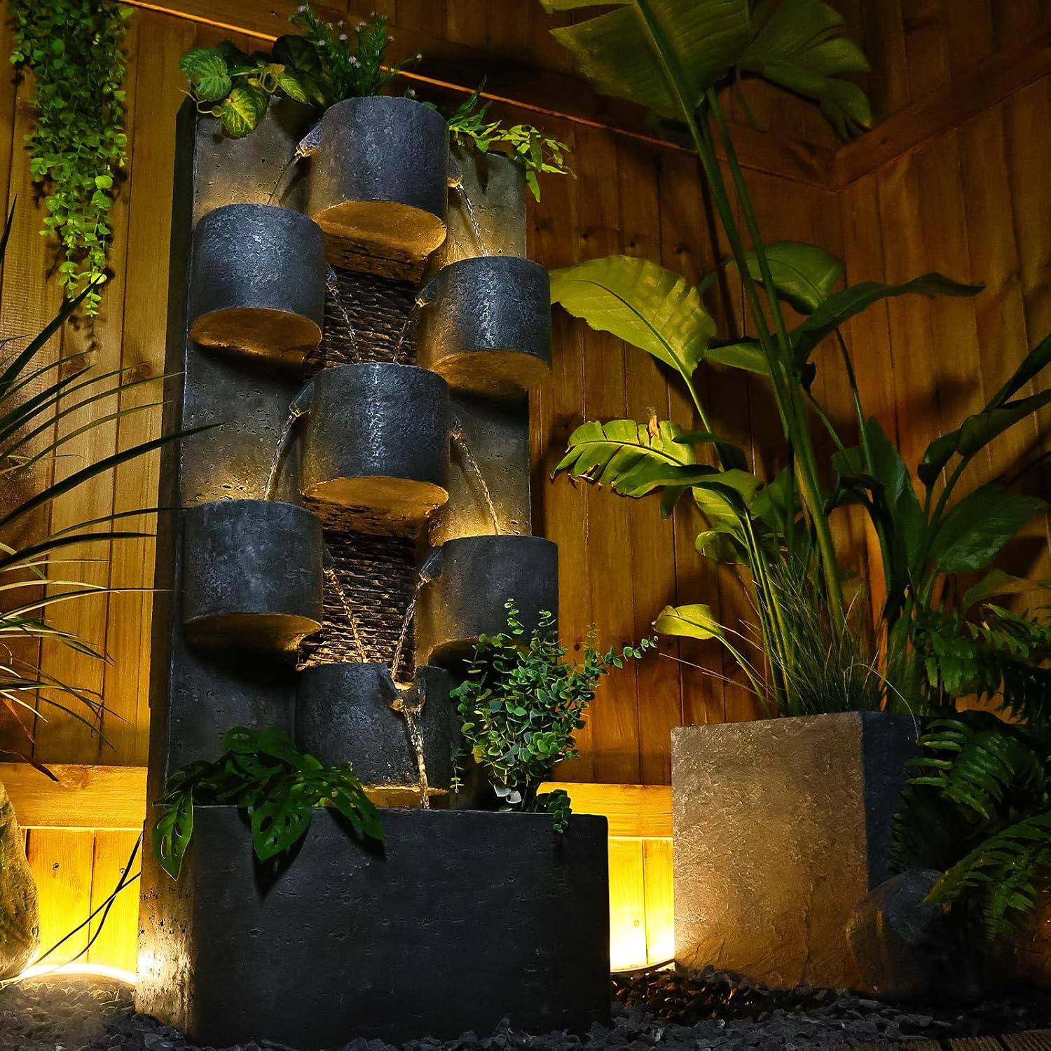 Tankana 45' H Outdoor Water Fountain Garden - Large Cascading Waterfall Freestanding Fountains Water Feature with Lights for Patio Backyard Deck Porch and Home Decor, Concrete Artistry Style, Gray
