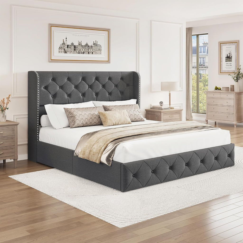 BRELTAM Queen Size Bed Frame with Storage Drawers and Wingback Headboard Linen Upholstered Platform Bed Frame Tufted Beds with Heavy Duty Wood Slats, Noise Free, Easy Assembly, Grey