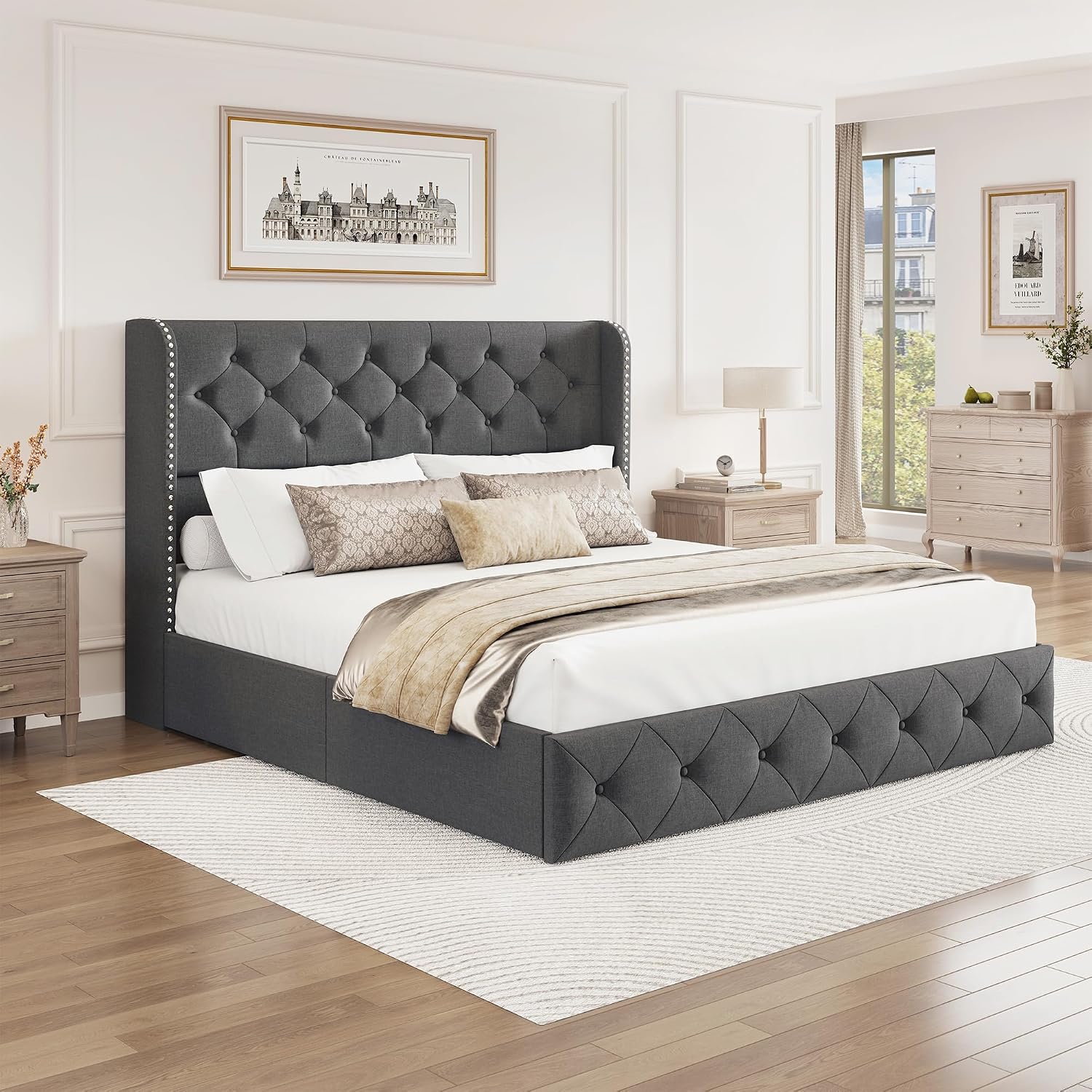 BRELTAM Queen Size Bed Frame with Storage Drawers and Wingback Headboard Linen Upholstered Platform Bed Frame Tufted Beds with Heavy Duty Wood Slats, Noise Free, Easy Assembly, Grey
