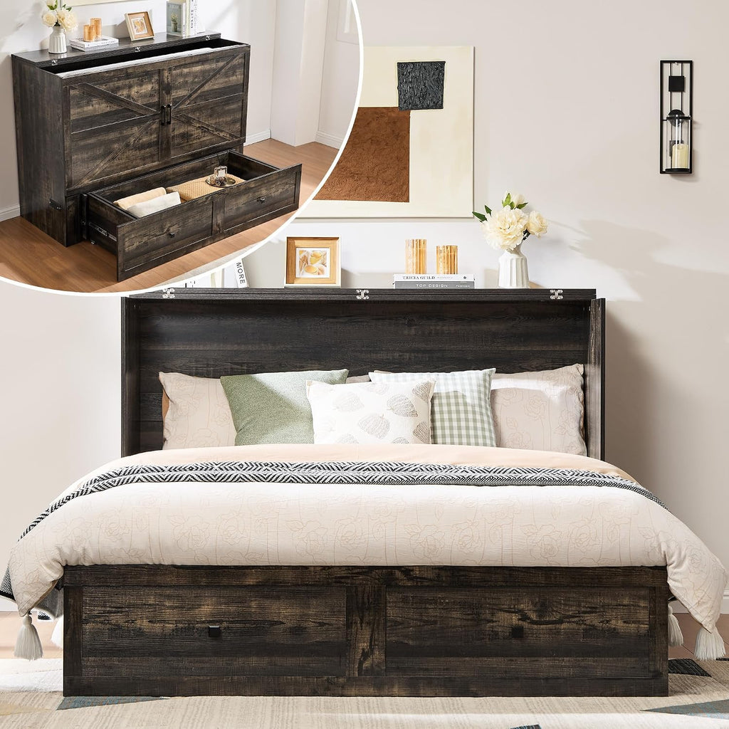 AMERLIFE Queen Murphy Bed Cabinet with Charging Station and Storage, Farmhouse Foldable Platform Bed for Guest Room, Office, Small Spaces, Black Oak