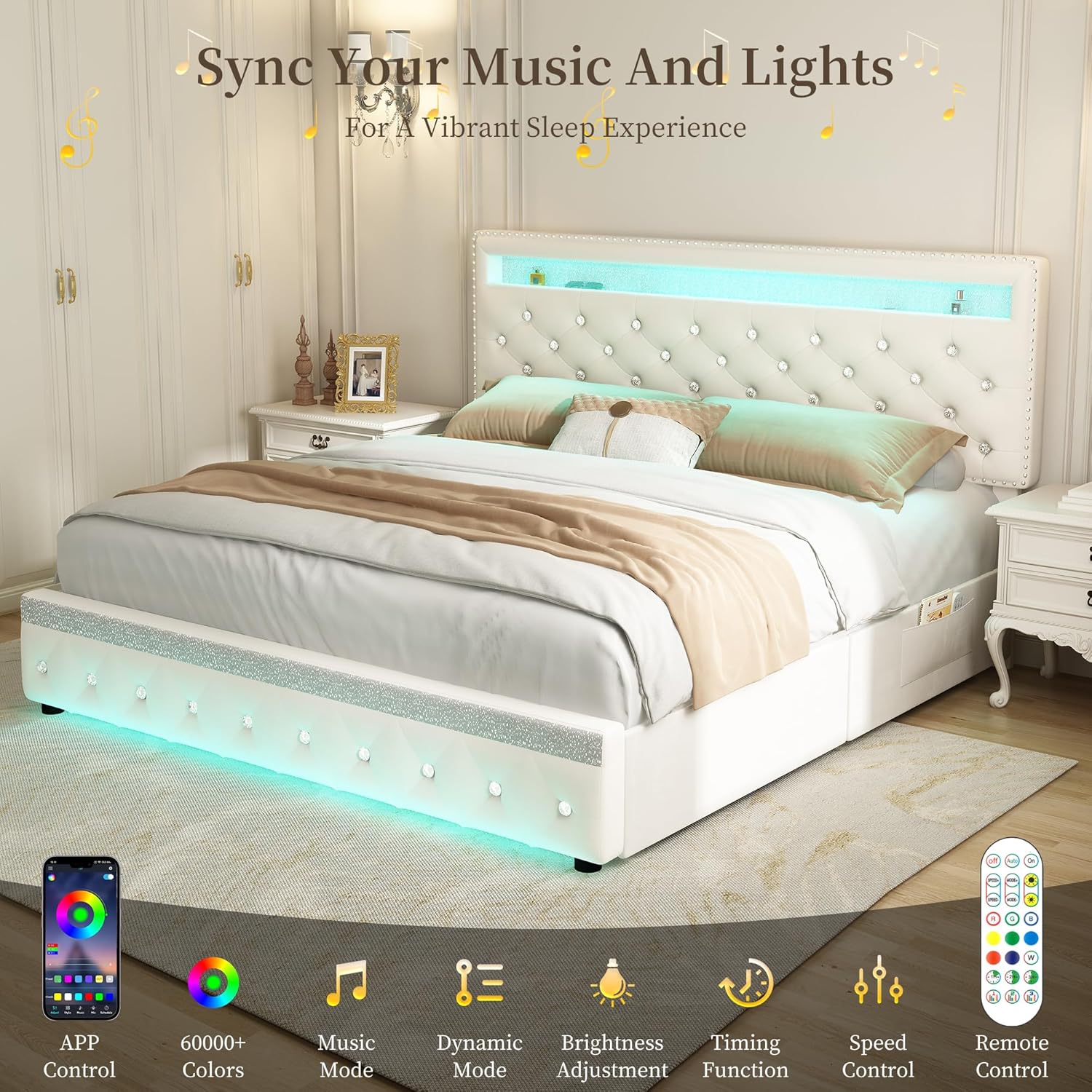 Queen Led Bed Frame with 2 Drawers, Modern Sturdy Adjustable Upholstered Crystal Button Tufted Headboard Platform Bedframe with Storage, No Box Spring Needed, Noise-Free, Easy Assembly, Velvet Cream