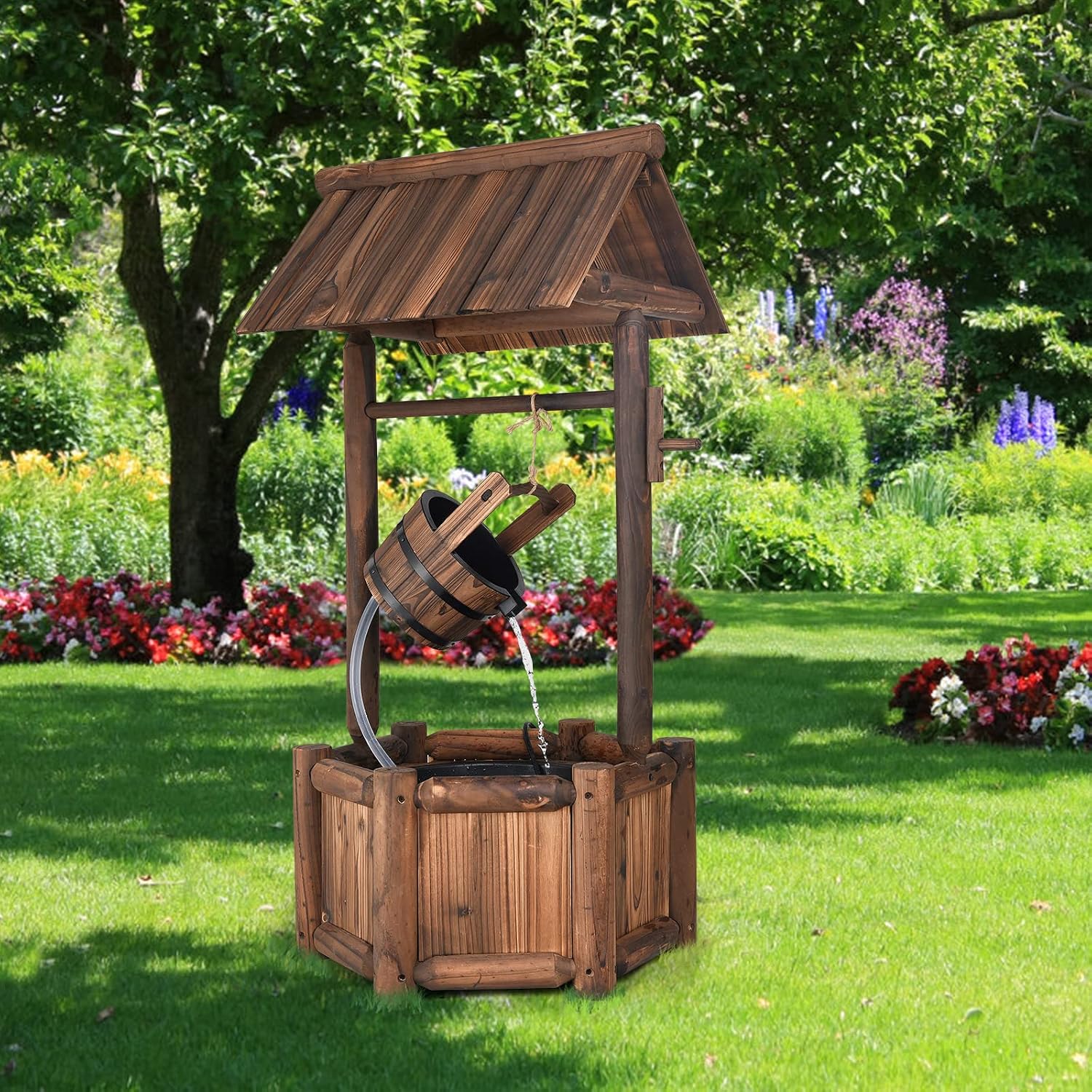 Giantex Wishing Well Water Fountain Outdoor, Rustic Wooden Waterfall Fountain with Electric Pump, Water Bucket, Freestanding Decorative Wishing Well Water Feature for Backyard Patio Garden Lawn